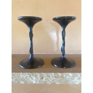 2 Bronze Art Nouveau Candlesticks By Illuminations.  Leaves On Stem Read